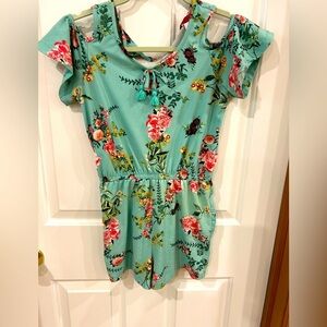 1ST Kiss kids romper polyester/spandex teal bow tassel cottage core comfy 14/16